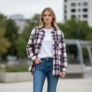 Old Navy Women’s Flannel Casual Plaid Shirt - Navy, Red, White